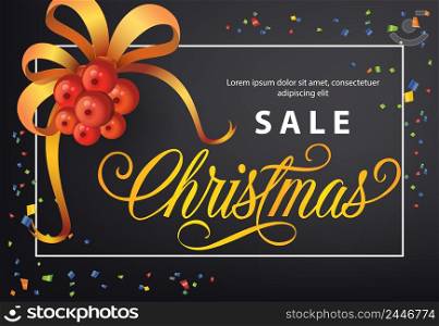 Christmas Sale poster design. Mistletoe with ribbon, confetti and frame on black background. Template can be used for retail banners, flyers, signs