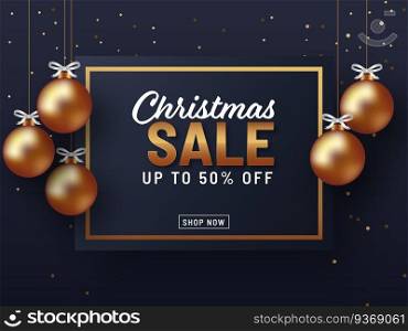 Christmas Sale Poster Design With 50  Discount Offer And Hanging Bronze Baubles On Grey Blue Background.