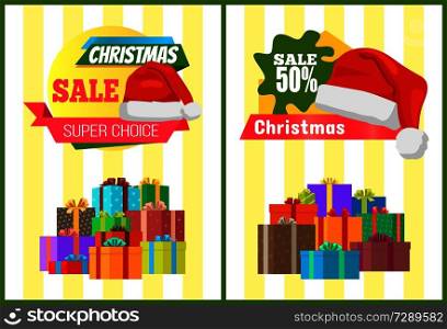 Christmas sale poster Santa Claus hat on discount label with snowflake, heaps of gift boxes on striped background vector illustration banner presents. Christmas Sale Posters Santas Hat Discount Label