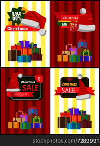 Christmas sale poster with wrapped presents, half price promo label decorated by Santas hats vector illustration discount shopping stickers with gifts. Christmas Sale Poster Wrapped Present, Promo Label