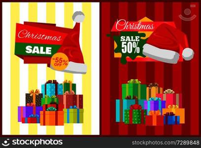 Christmas sale posters Santa Claus hat on 50 55 % discount labels, mountains of gift boxes on striped backgrounds vector illustration banners set. Christmas Sale Posters Santas Hat Discount Label