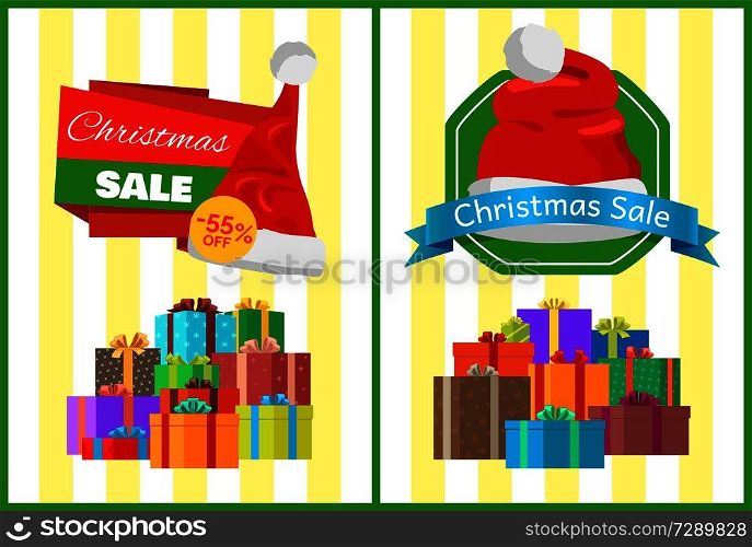 Christmas sale posters Santa Claus hat on 55 discount label, piles of gift boxes on striped background vector illustration banners set with presents. Christmas Sale Posters Santas Hat Discount Label