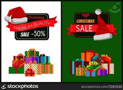 Christmas sale posters set with wrapped present, promo label Santas hat vector illustration discount shopping sticker with gifts pile and headwear. Christmas Sale Poster Wrapped Present, Promo Label
