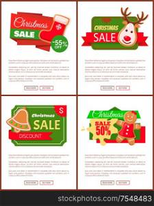 Christmas sale price off, cookies and text web vector. Online page with reindeer and bells, gingerbread snacks, socks with deer print, big discount offer. Christmas Sale Price Off, Cookies and Text Web