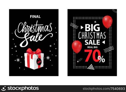 Christmas sale promo card, up to 70 percent off, vector brochure with balloon, gift box with price tag. Black cover with info about Xmas and New Year discounts. Big Christmas Sale Up to 70 Percent Off Brochure