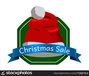 Christmas sale promo label with Santa Claus hat, polygon on green background, blue ribbon with text, advertisement badge with red winter headwear icon. Christmas Sale Promo Label with Santa Claus Hat