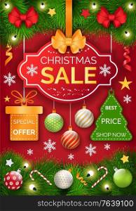 Christmas sale promo poster vector. Discounts at market for new year and winter holidays. Price tag in form of pine tree, branches of fir with baubles and garlands. Sweet traditional candy sticks. Christmas Sale Promotional Banner with Symbols