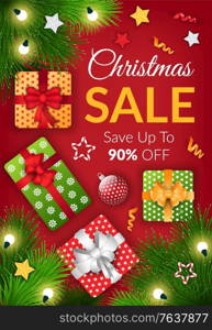 Christmas sale promotional poster vector. New year proposal in market. Discount 50 percent off price reduction in winter season. Seasonal offer proposition from shops and stores. Gifts and fir decor. Christmas Sale Save Up to 50 Percent Off Banner