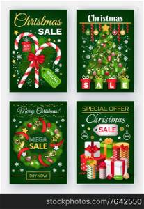 Christmas sale promotional posters set vector. Promotion of shops, clearance on market. Deals for shoppers on winter holidays. Pine fir tree with baubles and presents, garlands and star on top. Christmas Sale, Discounts on New Year Posters