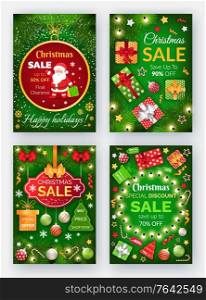 Christmas sale propositions at market vector. Winter holidays discounts at store. Xmas promotional banners with decor, gifts and pine tree branches. Set of posters with pricetags and proposals. Christmas Sale Winter Holidays Discounts Banners