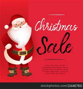 Christmas Sale red banner design with Santa Claus and sample text. Lettering with cartoon Santa Claus with sample text on red background. Can be used for sales, discounts, shops
