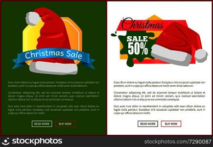 Christmas sale Santa Claus hats on promo labels vector illustration web poster with text, online buttons read more, buy now, advertisement badges on banners. Christmas Sale Santa Hats on Promo Labels Vector