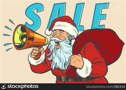 Christmas sale Santa Claus with megaphone. Pop art retro vector illustration vintage kitsch. Christmas sale Santa Claus with megaphone