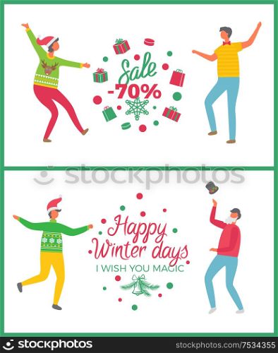 Christmas sale seventy percent price reduction vector. People dancing celebrating new year approaching, good shops deals and market proposition offers. Christmas Sale Seventy Percent Price Reduction