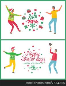 Christmas sale seventy percent price reduction vector. People dancing celebrating new year approaching, good shops deals and market proposition offers. Christmas Sale Seventy Percent Price Reduction