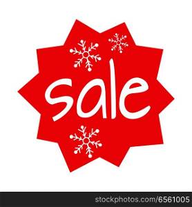 Christmas sale shaped red icon on white background. Enormous discount on presents in big supermarkets and boutiques. Three white snowflakes as decoration elements of label. Vector illustration.. Christmas Sale Shaped Icon on White Background