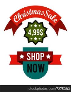 Christmas sale shop now 4.99 final price poster with promo labels, vector illustration advertisement stickers isolated on white background. Christmas Sale Price Off New Year Decorated Tree