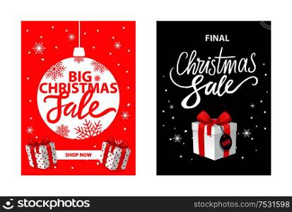 Christmas sale, shop now leaflet with lettering, New Year decorative ball, snowflakes and gift boxes vector. Black night sky with stars and box, price tag. Christmas Sale, Shop Now Leaflets with Lettering