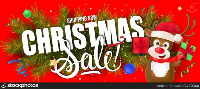 Christmas sale, shopping now lettering with fir sprigs and cartoon reindeer holding present boxes. Inscription can be used for leaflets, festive design, posters, banners. Christmas Sale Lettering with Reindeer