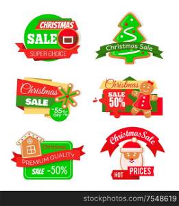 Christmas sale shopping proposition of shops market vector. Isolated set o f icons with pine tree cookie, snowflake and gingerbread man, Santa claus. Christmas Sale Shopping Proposition Shops Market