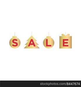 Christmas sale signboard in gold and red color. Letters in the form of gifts and a Christmas tree