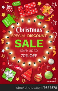 Christmas sale special discount vector, banner with sample text. 70 percent off price reduction. Poster with garlands and gifts. Presents in wrapping for winter holidays, baubles for pine tree decor. Christmas Sale 70 Percent Price Discount Banner