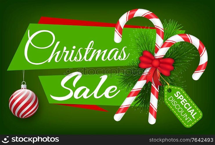 Christmas sale, special discounts and offers on holiday gifts. Xmas traditional celebration, poster with promotion. Green background with caption and decoration like candy cane and tree balls. Christmas Sale, Special Discounts, Green Poster