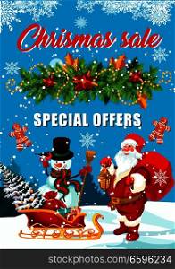 Christmas sale special offer banner for winter holidays seasonal discount promotion. Santa and snowman with gift, sleigh and Xmas tree, New Year garland, snowflake and cookie for retail promo design. Christmas sale offer banner with Santa and gift