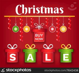 Christmas sale, special offer on holiday gifts, buy now. Discounts in shops and stores in december. Vector red and green boxes with presents inside and tied with ribbon. Xmas poster with promotion. Christmas Sale, Special Offer on Gifts, Buy Now