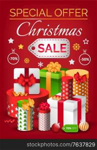 Christmas sale, special offers on holiday gifts. Vector colorful boxes with presents inside and tied with ribbon. Discounts in shops and stores in december. Xmas celebration, poster with promotion. Christmas Sale, Special Offer in December on Gift
