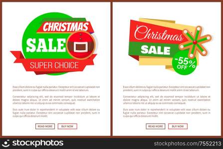 Christmas sale super choice price tag with closeup of Santa belt and snowflake, vector label. Web poster template of discount emblem, 55 percent off. Christmas Sale Price Tag Santa Belt and Snowflake
