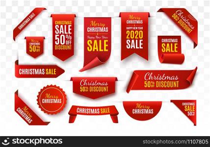 Christmas Sale Tags collection. Red scrolls and banners isolated. Merry Christmas and Happy New Year labels. Vector Price Tags illustration. Christmas Sale Tags. Vector banner