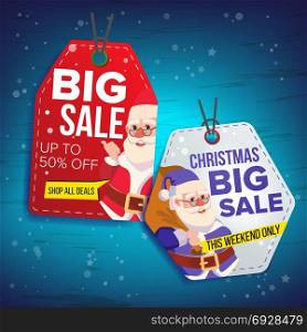 Christmas Sale Tags Vector. Flat Christmas Special Offer Stickers. Santa Claus. 50 Off Text. Hanging Sale Banners With Half Price. Modern Illustration. New Year Sale Tags Vector. Colorful Shopping Discounts Stickers. Santa Claus. Discount Concept. Season Christmas Sale Promotion Illustration