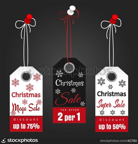 Christmas sale tags with snowflakes. Christmas sale tags design with snowflakes on dark background. Vector illustration