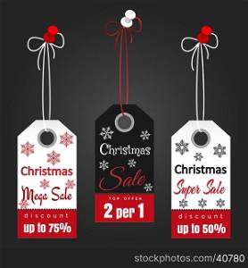 Christmas sale tags with snowflakes. Christmas sale tags design with snowflakes on dark background. Vector illustration