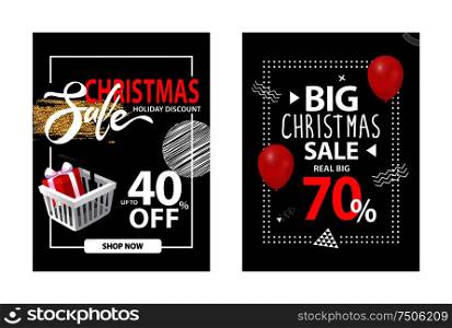 Christmas sale up to 40, 70 percent off, vector brochure with balloon, abstract figures and frame. Black cover with info about Xmas and New Year discounts. Big Christmas Sale Up to 70 Percent Off Brochure