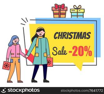 Christmas sale vector, banner with presents and proposition in 20 percent off price. Reduction on cost with gifts. Mother and kid walking with purchases in hands, shopping for holidays flat style. Christmas Sale 20 Percent Discounts for Holidays