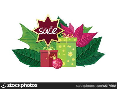 Christmas sale vector concept. Flat design. Illustration with leaves, tree toys, color gift boxes and eight-pointed star with sale text. Winter holidays shopping. For season sales and discounts ad. Christmas Sale Vector Concept in Flat Design. Christmas Sale Vector Concept in Flat Design