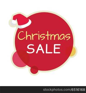 Christmas sale vector icon. Flat design. Simple round red sticker with text and santa hat. For winter holidays shopping, sales and discounts ad. Purchase gifts for the holidays. On white background. . Christmas Sale Vector Icon in Flat Design. Christmas Sale Vector Icon in Flat Design