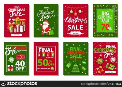 Christmas sale vector, isolated set of cards for winter holidays clearance. Discounts of shops celebration of seasonal offers. Banners with decoration and symbols of xmas and new year flat style. Christmas Sale Promotional Posters and Cards Set