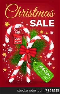 Christmas sale vector, promotional poster with discounts for shoppers. Deal for clients of shops and stores. Candy with pine branch, xmas tag with price and snowflake decor. Stars and decorative font. Christmas Sale Discounts and Offers from Shops
