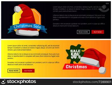 Christmas sale web banners push buttons, Santa Claus hat and discount labels vector illustration advertisement posters with text, price off emblems. Christmas Sale Web Banners Buttons Santa Claus Hat