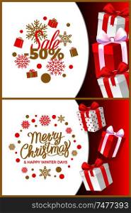 Christmas sale winter discounts and present boxes vector. Fifty percent reduction of price, snowflakes and gifts. Happy new year days clearance set. Christmas Sale Winter Discounts and Present Boxes