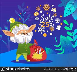 Christmas sale with big discounts, up to 25 percent off. Old elf in green traditional costume stand in forest. Character with red sack of gifts for kids. Promotion vector illustration in flat style. Christmas Sale, Elf with Sack of Gifts in Forest