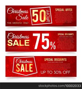 Christmas sales vector banners. Winter and new year holiday discount and offer advertising banner with snowflakes, gift certificates. Illustration christmas sale and discount, offer special to holiday. Christmas sales vector banners. Winter and new year holiday discount and offer advertising banner with snowflakes, gift certificates