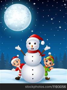 Christmas santa claus kid with cartoon elf and snowman in the winter background