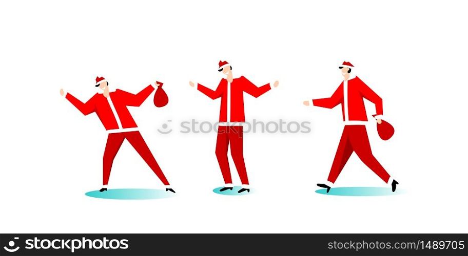 Christmas santa claus red hat trendy people. Red suit santa claus gift bag vector isolated. Cute cartoon trendy people friend hold bag. Happy friends Christmas character.. Christmas santa claus red hat trendy people