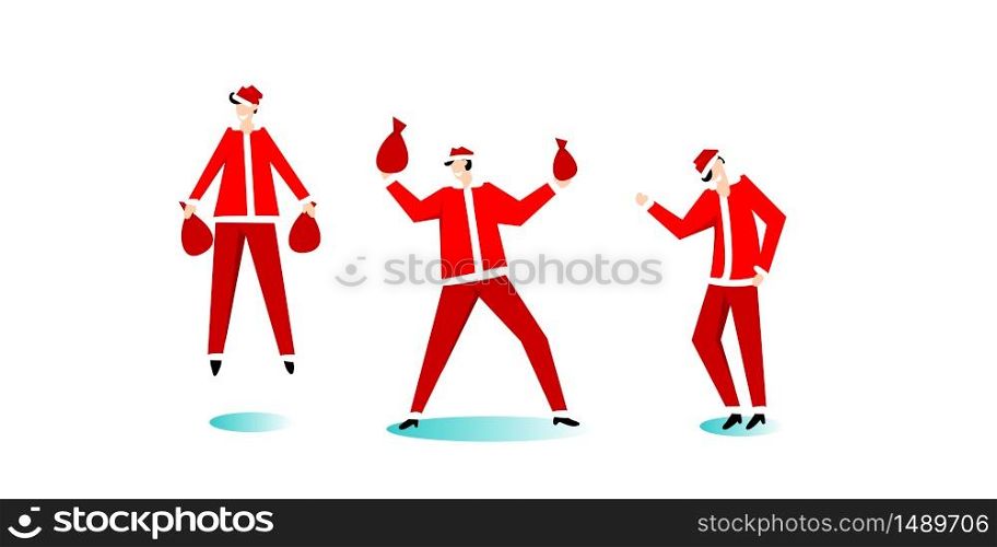 Christmas santa claus red hat trendy people. Red suit santa claus gift bag vector isolated. Cute cartoon trendy people friend hold bag. Happy friends Christmas character.. Christmas santa claus red hat trendy people