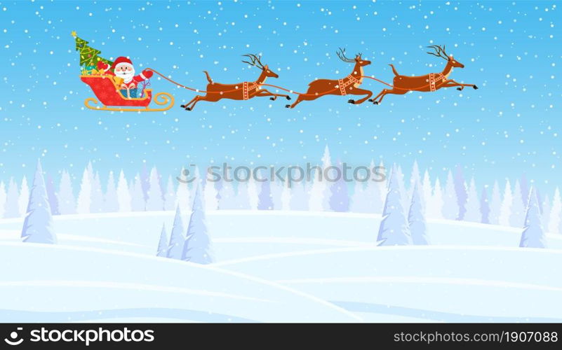 Christmas Santa Claus riding on sleigh. concept for greeting or postal card, vector illustration. Merry christmas holiday. New year and xmas celebration. Illustration of Santa and Reindeer on the snow