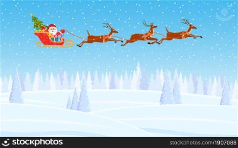 Christmas Santa Claus riding on sleigh. concept for greeting or postal card, vector illustration. Merry christmas holiday. New year and xmas celebration. Illustration of Santa and Reindeer on the snow